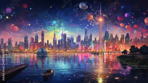 A panoramic view of a city skyline at night, illuminated by a sea of colorful lights. © Image Studio