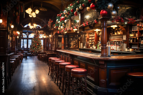 Irish pub interior design decorated with Christmas tree, oranments and garlands