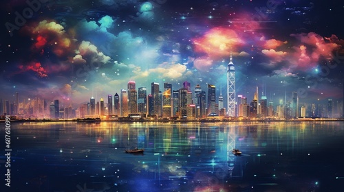 A panoramic view of a city skyline at night  illuminated by a sea of colorful lights.