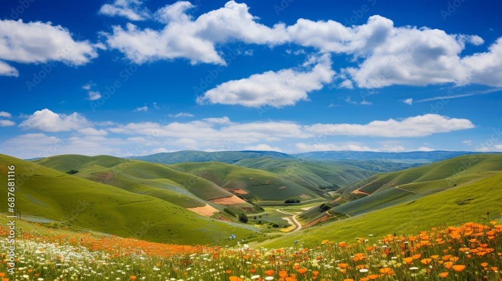 A patchwork of rolling hills adorned with wildflowers beneath a clear, blue sky.