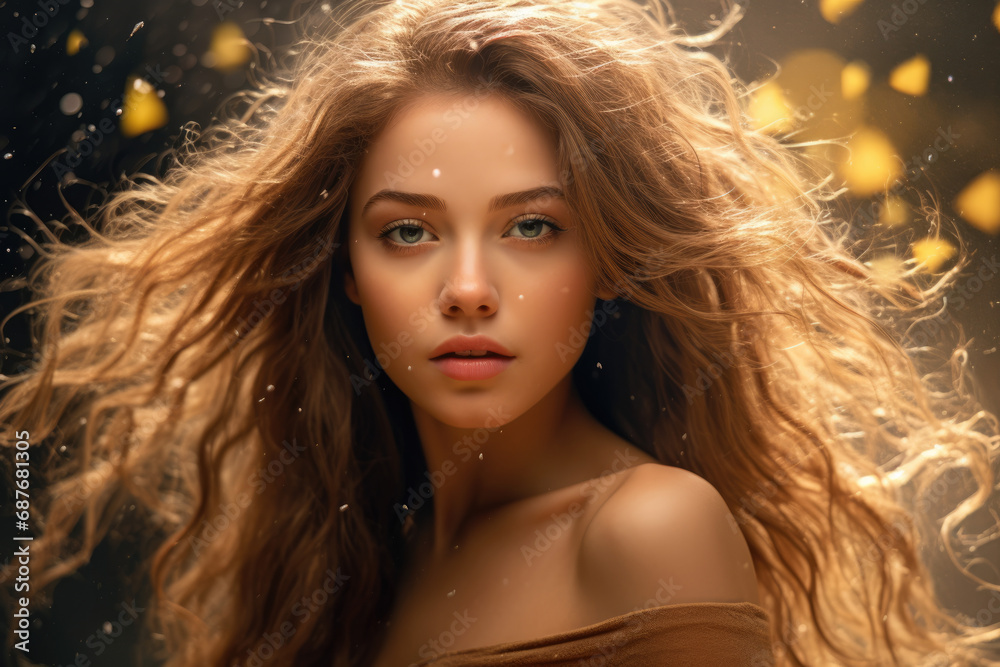 Fototapeta premium A close up of a woman 's face with her hair blowing in the wind
