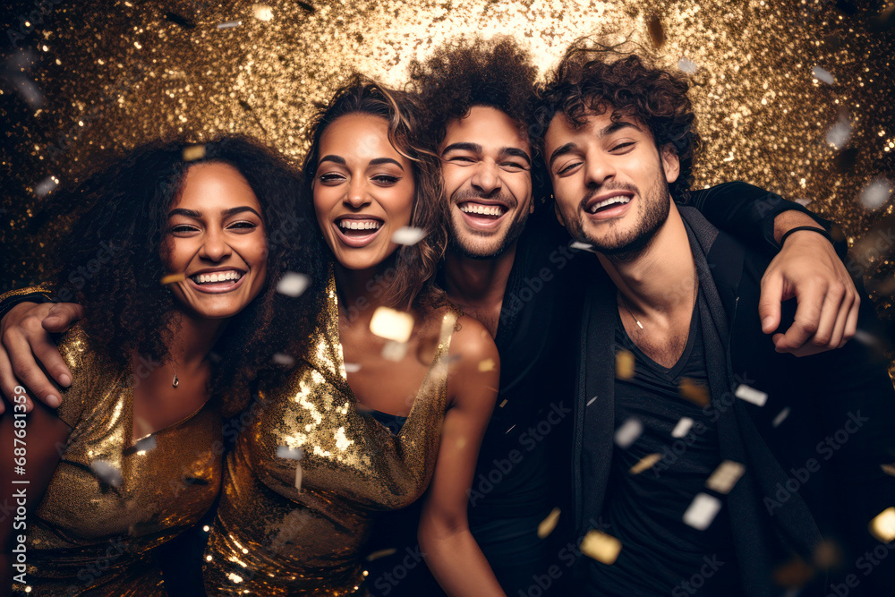 Group of multiethnic friends laughing and enjoying an elegant New Year's Eve party