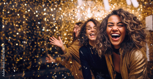 Young and elegant women laugh and enjoy the New Year's Eve party full of golden confetti