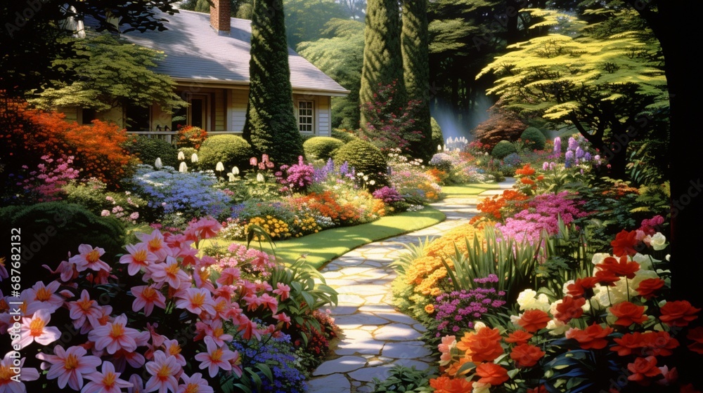 A peaceful garden filled with colorful blooming flowers and lush greenery.