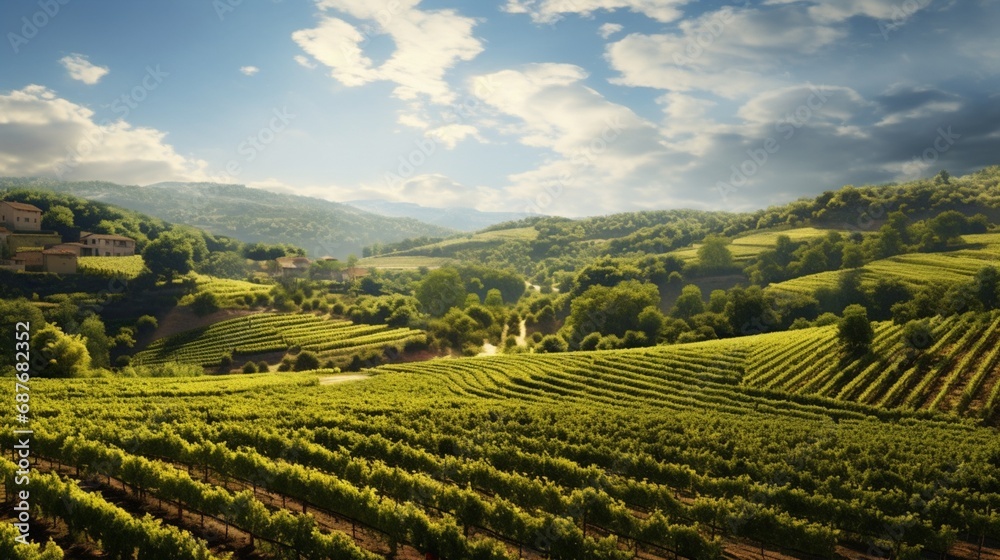 A picturesque vineyard, with neat rows of grapevines basking in the sunlight.