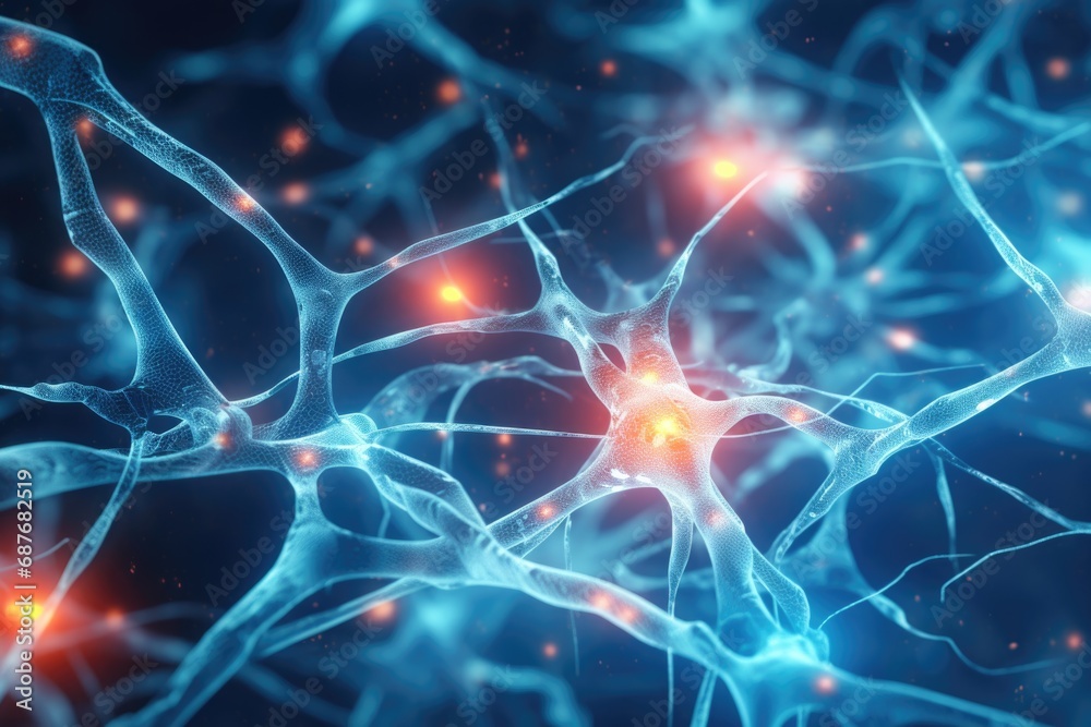 A detailed close-up view of interconnected neurons. This image can be used to illustrate the complexity and intricacy of the human brain or to represent concepts related to neuroscience and neurology