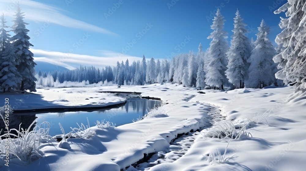 Snowy winter landscape. Immerse yourself in the peaceful charm of a breathtaking winter landscape captured beautifully.