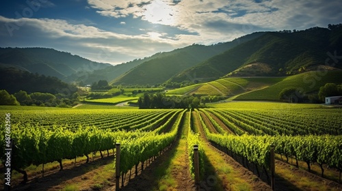 A picturesque vineyard  with neat rows of grapevines basking in the sunlight.