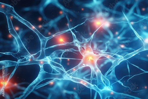 A detailed close-up view of interconnected neurons. This image can be used to illustrate the complexity and intricacy of the human brain or to represent concepts related to neuroscience and neurology