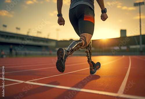 cropped view of Man running with prosthetic legs on a running track