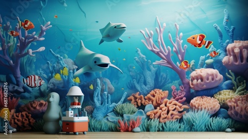 A playful children's bedroom with a 3D wall mockup showcasing a whimsical underwater world with friendly sea creatures and coral reefs.