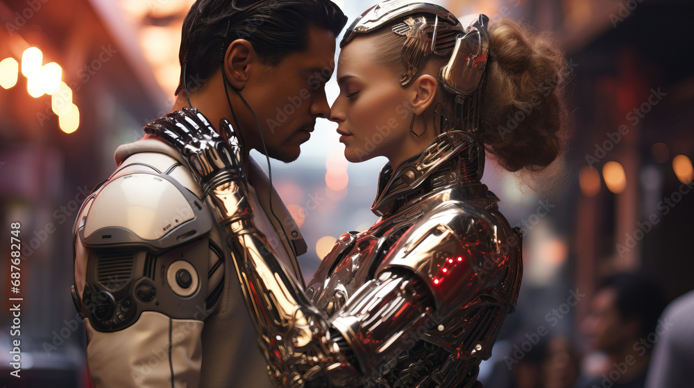 Couple dancing at robotic future prom dance. Concept of Futuristic Romance and Technological Elegance