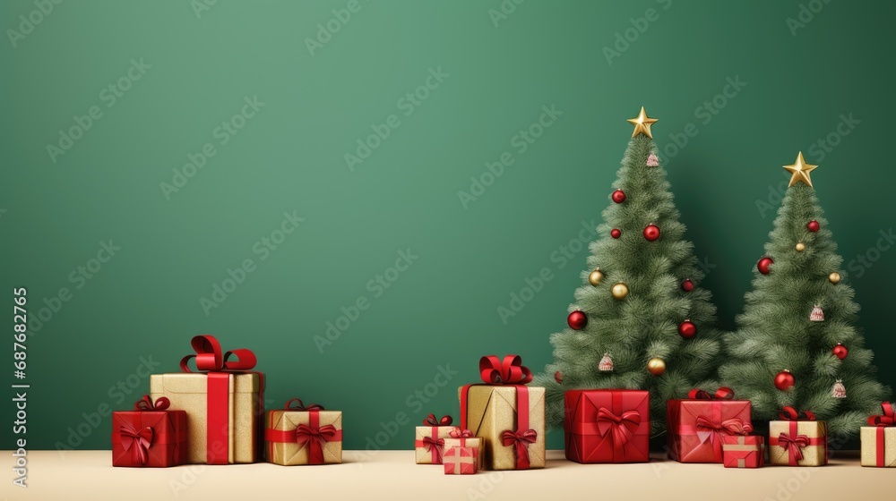 Gift boxes in christmas festival, green background comeliness