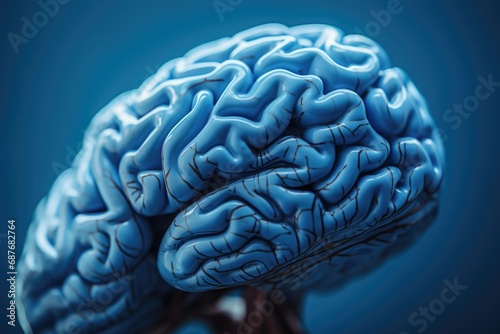 Close up view of a human brain on a blue background. Ideal for medical and scientific presentations