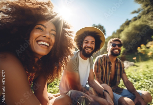 Multicultural friends enjoying day out on spring or summertime photo