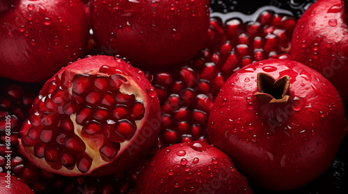Fresh open pomegranates with seamless background, decorated with glistening droplets of water. Shot top down view. Healthy and beautiful food photography for a magazine and commercial advertising