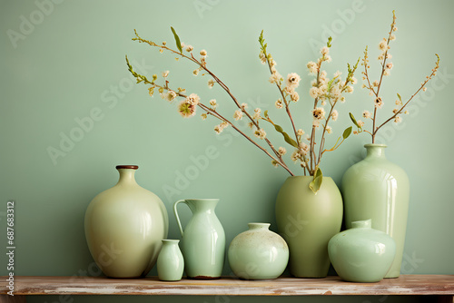 different jugs in a row and a spring flowering branch, the composition is in pastel green, beige, brown tones.