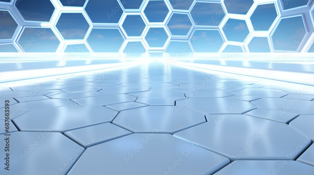 a futuristic white floor with hexagons in the background a futuristic white floor with hexagons in the background