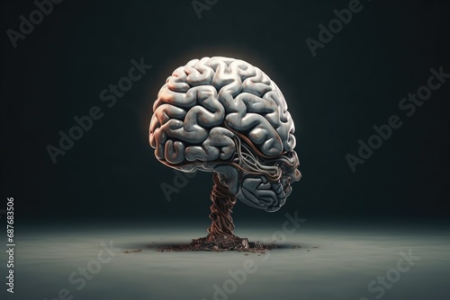 A tree with a brain on top. This unique image can be used to represent concepts such as knowledge  intelligence  and the connection between nature and the mind