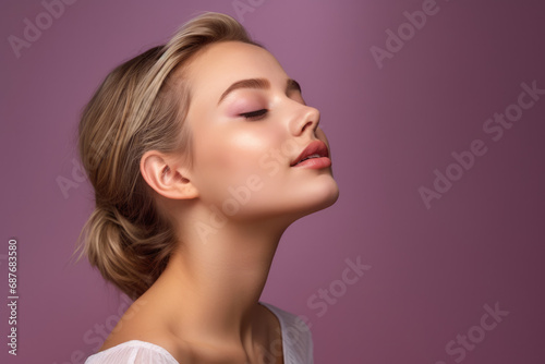 A close up of a woman 's face with her eyes closed photo