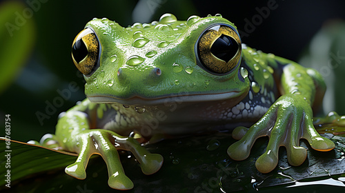 cute Nicaragua Giant Glass Frog (Espadarana prosoblepon) peeking out of a leaf. generative ai photo