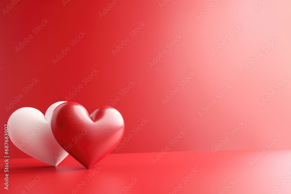 Red and white 3D hearts on a red gradient background