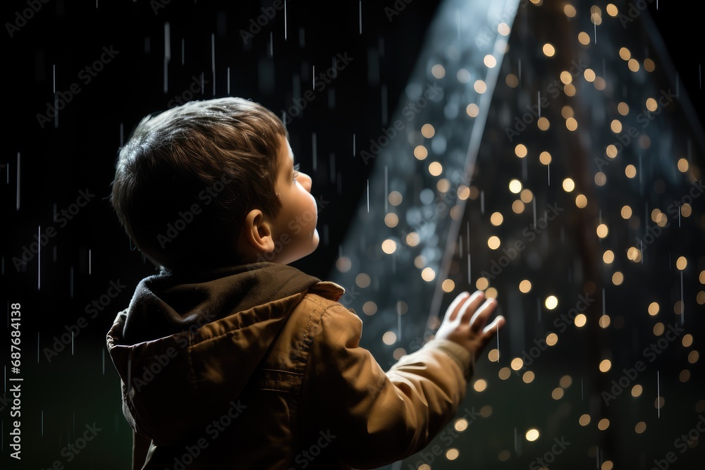The boy watches the snow fall outside the window. Christmas banner, New Year mood The boy watches the snow fall outside the window. Christmas banner, New Year mood