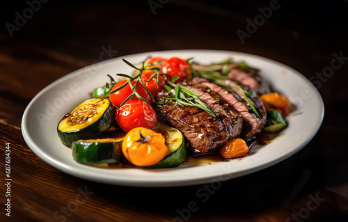 Tender slices of marinated steak with roasted bell peppers, zucchini, and cherry tomatoes.