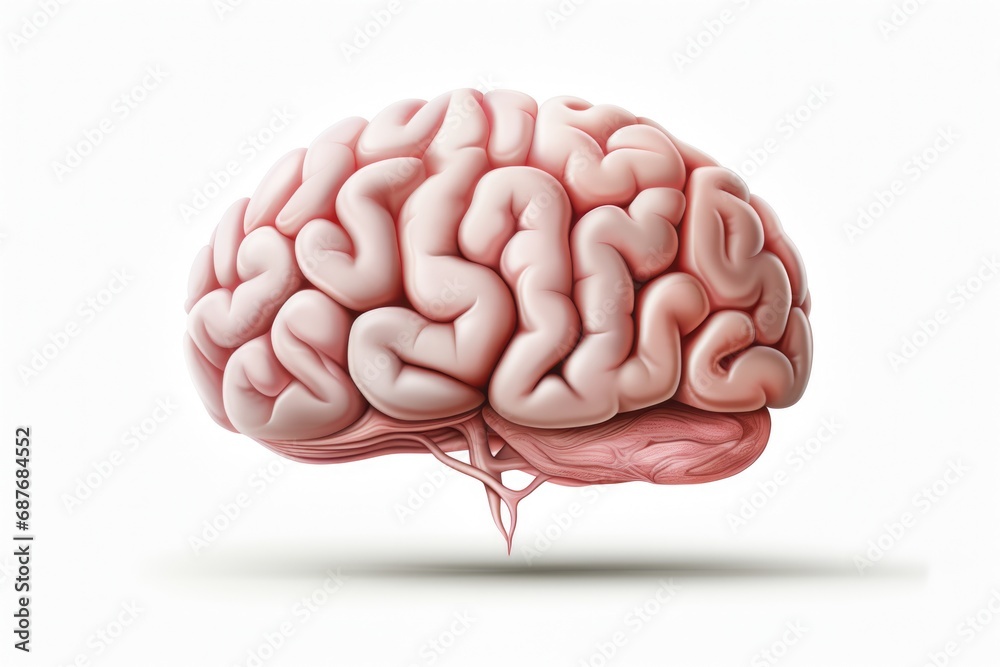 A detailed close-up view of a brain on a white background. Suitable for medical and scientific illustrations