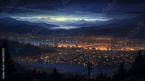 The soft glow of city lights against the silhouette of a distant mountain range.