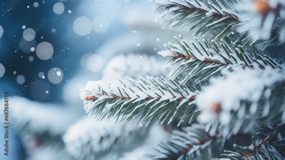 Close up of snowy pine tree branches Christmas and winter concept. Festive winter season