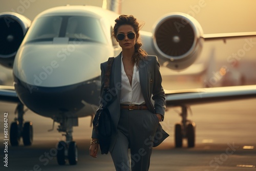 Businesswoman in an airplane cabin, embodying success, luxury, and professional travel