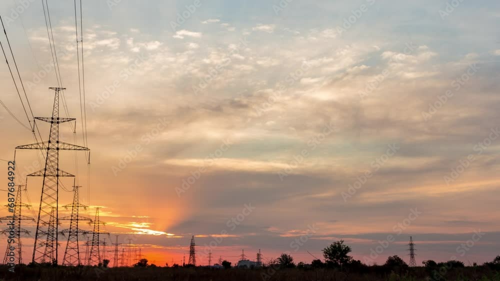 Orange sunset and power lines in the country, time lapse, 4k Orange sunset and power lines in the country, time lapse, 4k
