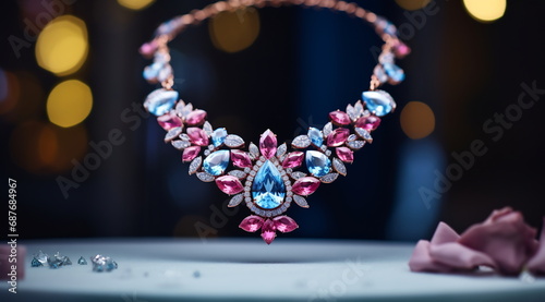 Luxurious jewelry necklace in blue and magenta