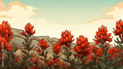 Field of Indian Paintbrush wildflowers, illustration