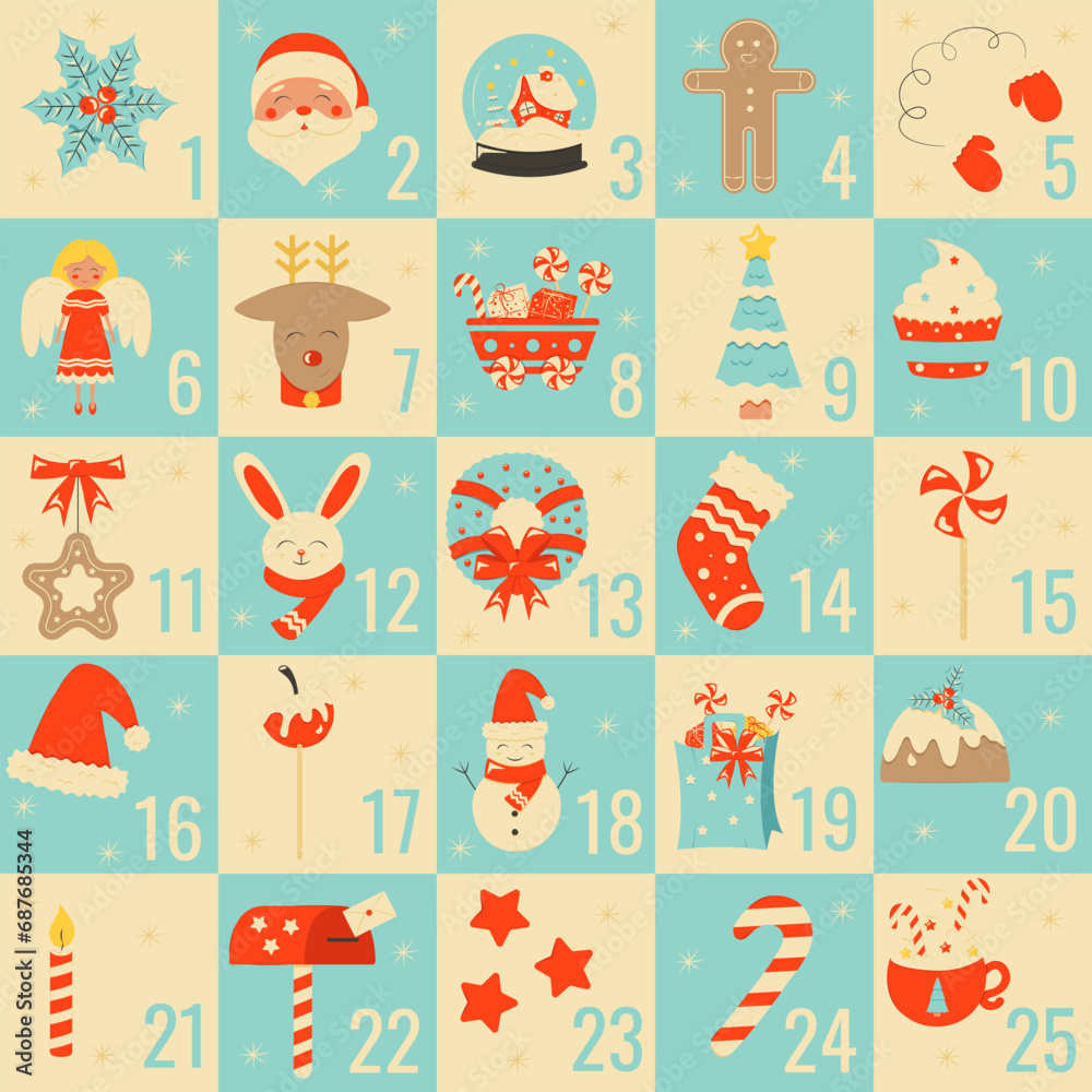 Christmas Advent calendar. Vector illustration in retro style. Stock ...