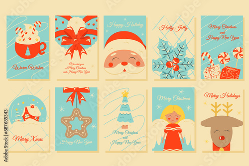 Set of Christmas and New Year posters and greeting cards in retro style. 
