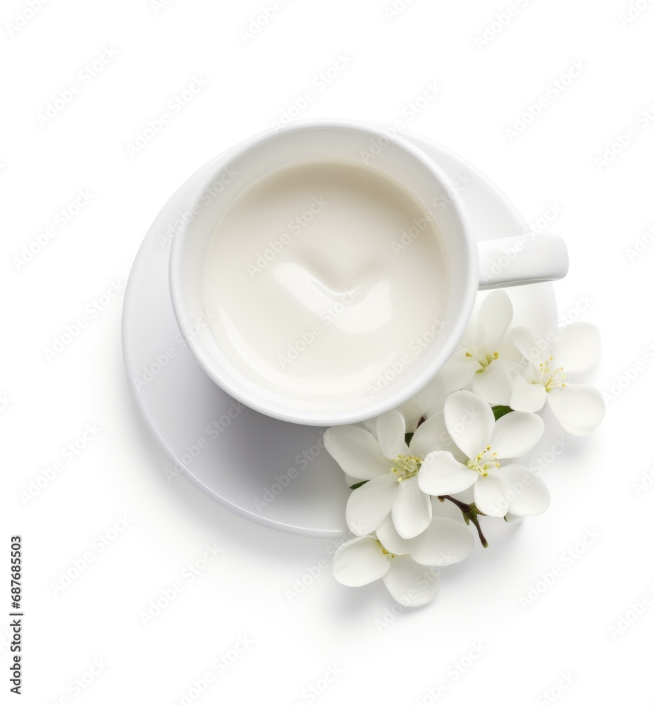 Cup of milk and white flowers on white background. Generative AI. Cup of milk and white flowers on white background. Generative AI.