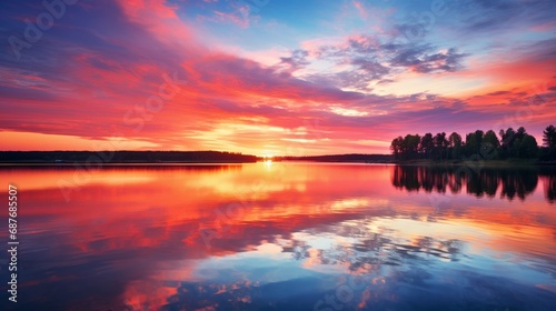 A serene sunset over a calm lake, reflecting vibrant hues of orange and pink.