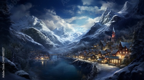 A snow-covered alpine village nestled between majestic mountains under a starry night sky.