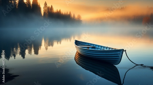 A solitary boat resting on the still waters of a mist-covered lake at dawn. © Image Studio