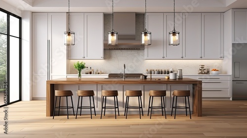 a beautiful white kitchen in a new luxury home, a large island, pendant lights, and wood floors, the composition in a minimalist, modern style.