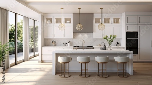 a beautiful white kitchen in a new luxury home, a large island, pendant lights, and wood floors, the composition in a minimalist, modern style.