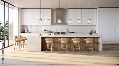 a beautiful white kitchen in a new luxury home, a large island, pendant lights, and wood floors, the composition in a minimalist, modern style.