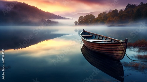A solitary boat resting on the still waters of a mist-covered lake at dawn.