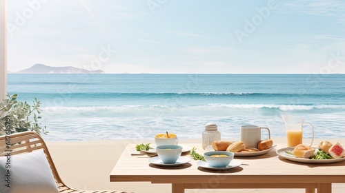 morning and breakfast on a serene sea beach, the composition in a minimalist, modern style, emphasizing the peaceful ambiance of the seaside.