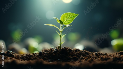 Closeup of a young plant sprout in soil, symbolizing growth, new life, and environmental sustainability