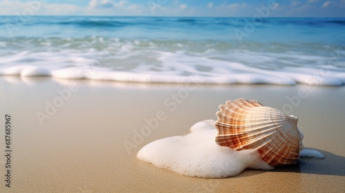 Waves gently lapping against a deserted shore, with a solitary seashell resting on the sand. © art design