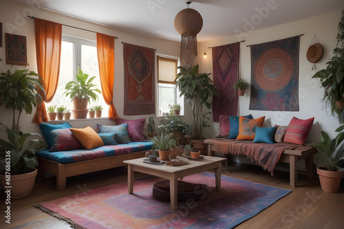 vibrant bohemian inspired living room with eclectic patterns plush floor pillows. © Chrish