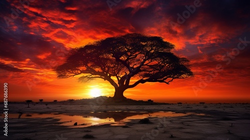 The silhouette of a lone tree against the backdrop of a vivid, fiery sunset.